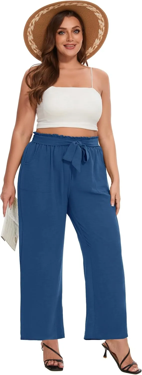 SEKINO Women's Plus Size Wide Leg Pants Loose Casual Flowy Pants Adjustable Knot Belted Lounge Beach Pants with Pockets