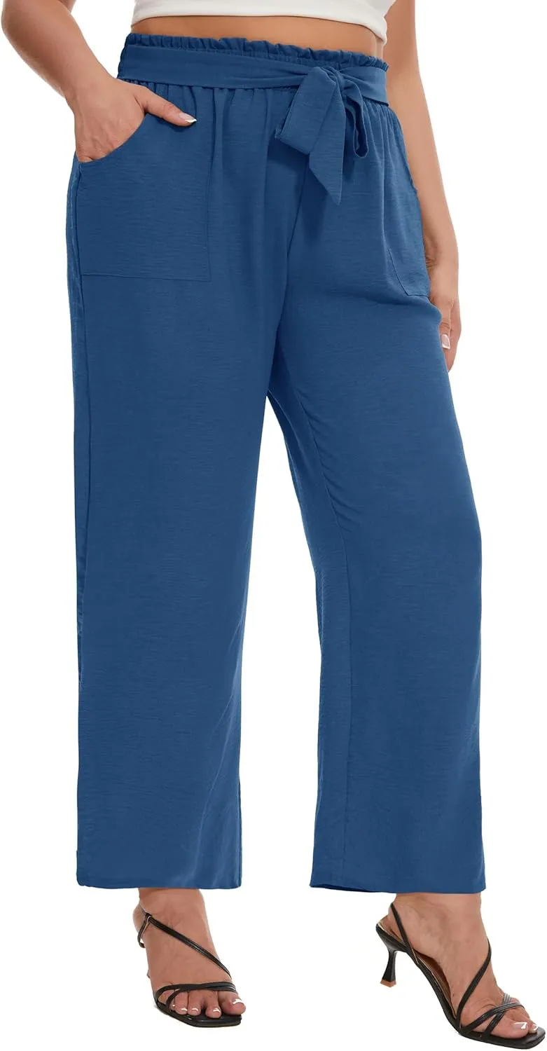 SEKINO Women's Plus Size Wide Leg Pants Loose Casual Flowy Pants Adjustable Knot Belted Lounge Beach Pants with Pockets