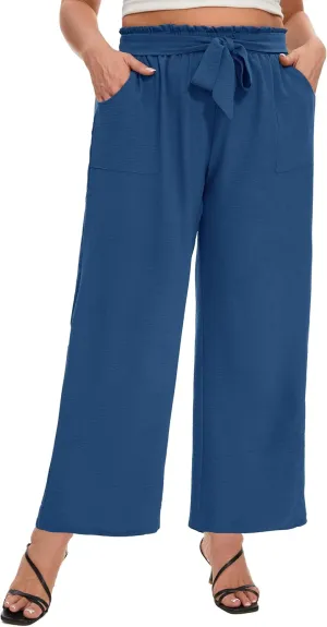 SEKINO Women's Plus Size Wide Leg Pants Loose Casual Flowy Pants Adjustable Knot Belted Lounge Beach Pants with Pockets