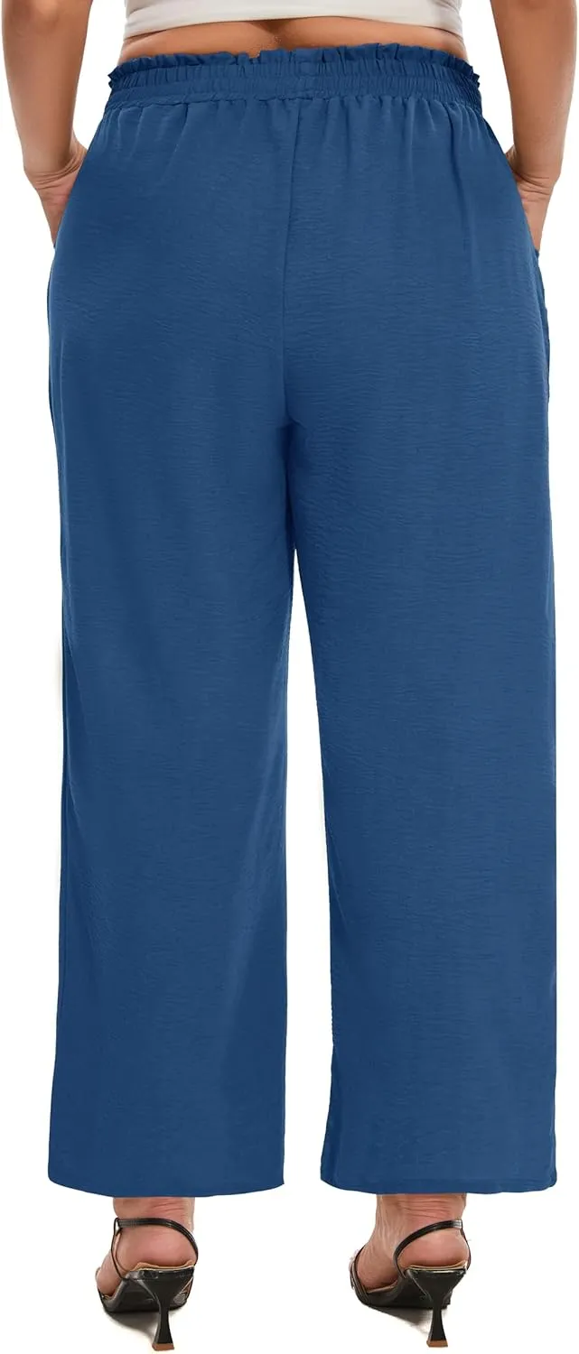 SEKINO Women's Plus Size Wide Leg Pants Loose Casual Flowy Pants Adjustable Knot Belted Lounge Beach Pants with Pockets