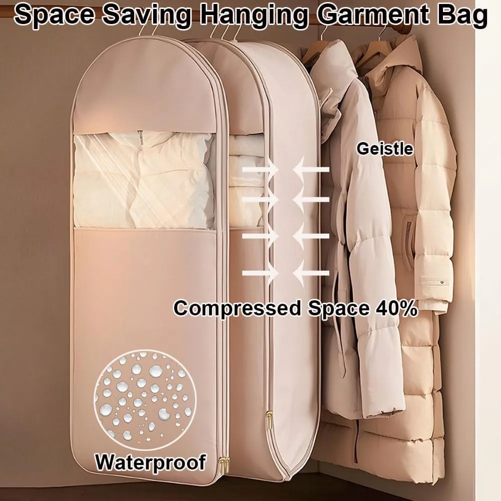 Self-Compression Hanging Garment Bag for Coats | Large Dust Cover | Beige(Beige,Large)