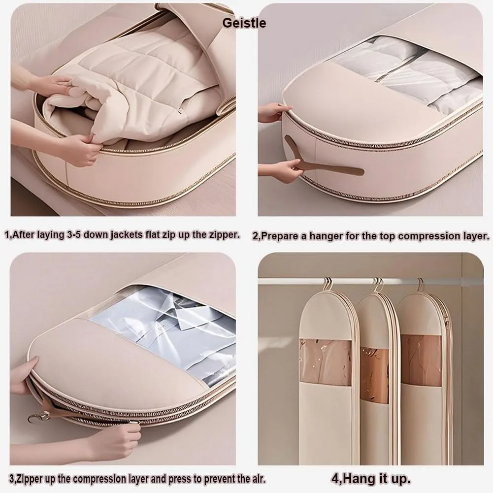 Self-Compression Hanging Garment Bag for Coats | Large Dust Cover | Beige(Beige,Large)