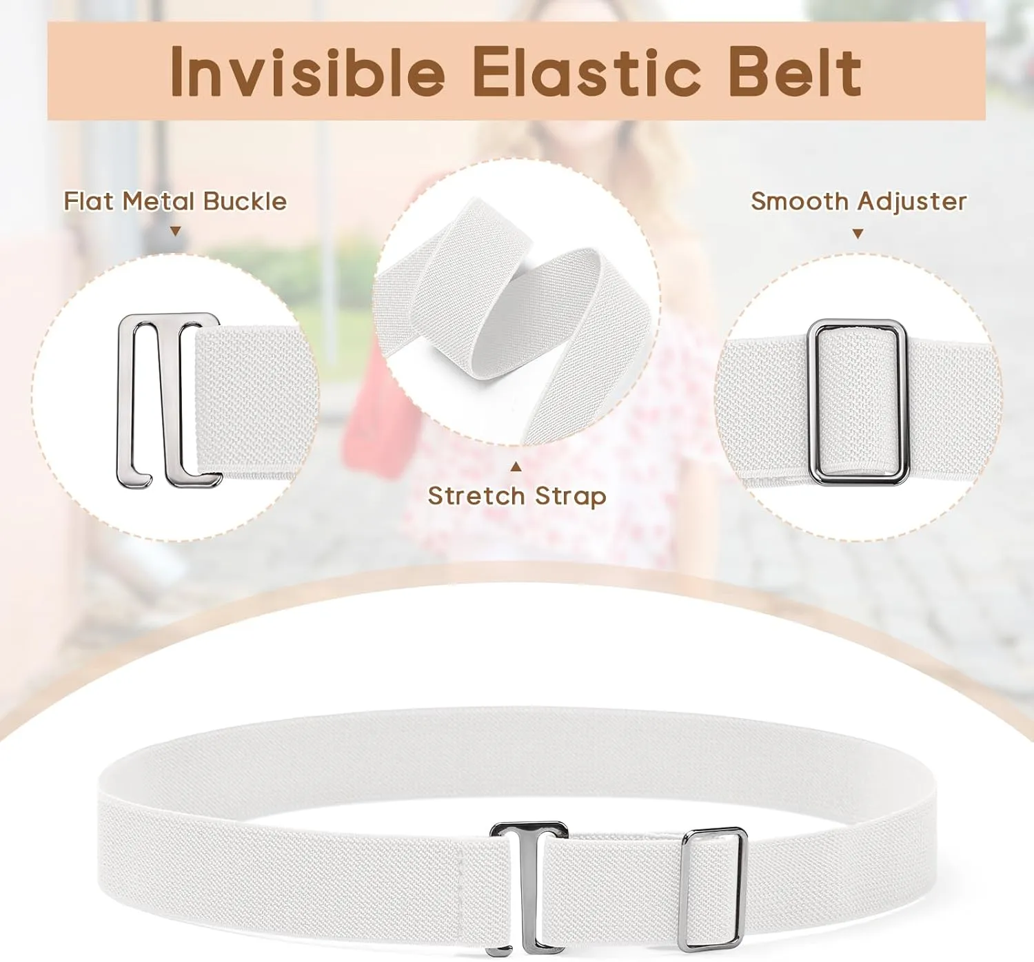 Sightor 2PCS Women No Show Stretch Belt, Adjustable Strap with Flat Buckle, Invisible Elastic Belt for Jeans Pants Dresses