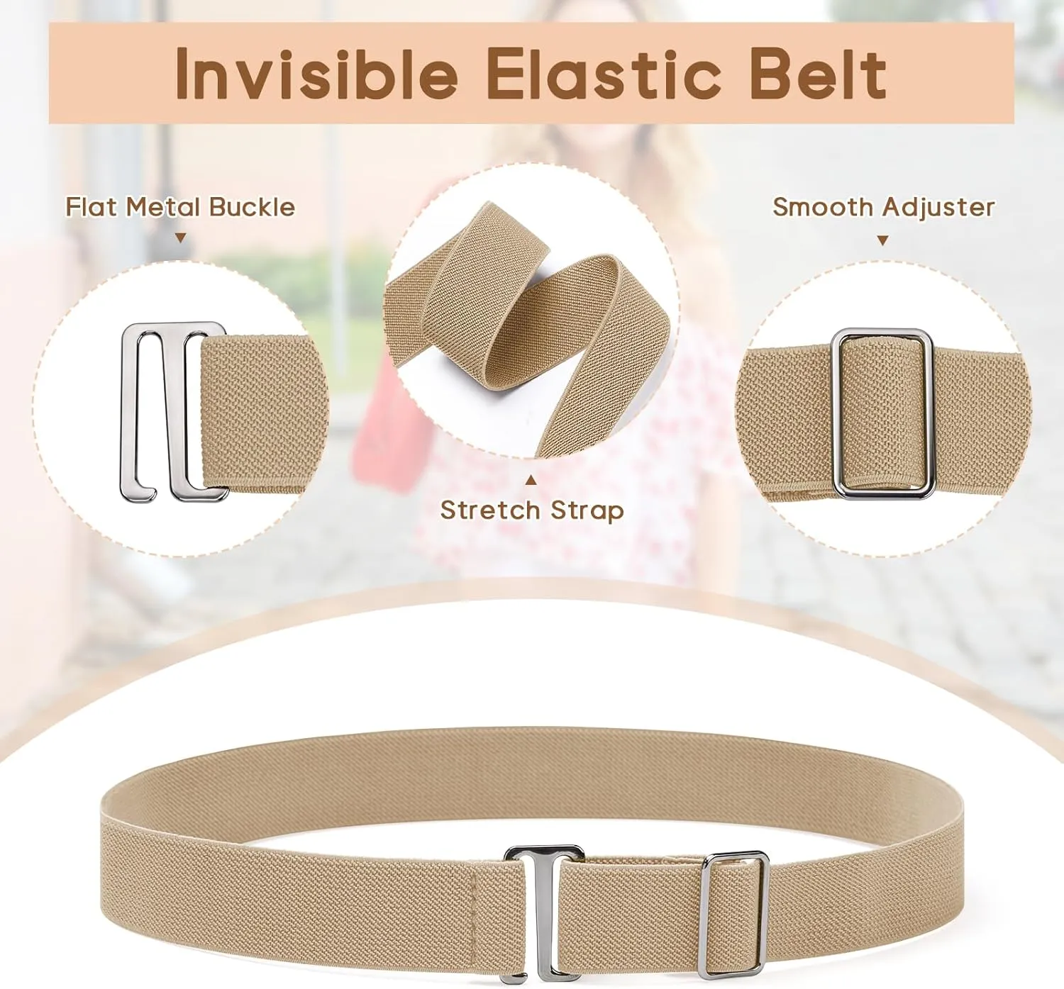Sightor 2PCS Women No Show Stretch Belt, Adjustable Strap with Flat Buckle, Invisible Elastic Belt for Jeans Pants Dresses