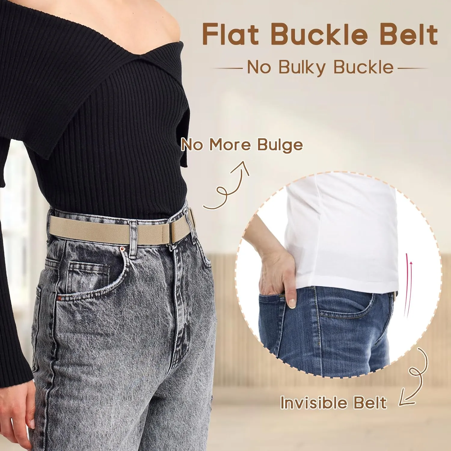 Sightor 2PCS Women No Show Stretch Belt, Adjustable Strap with Flat Buckle, Invisible Elastic Belt for Jeans Pants Dresses