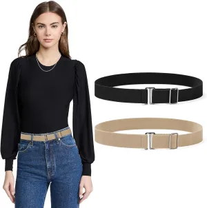 Sightor 2PCS Women No Show Stretch Belt, Adjustable Strap with Flat Buckle, Invisible Elastic Belt for Jeans Pants Dresses