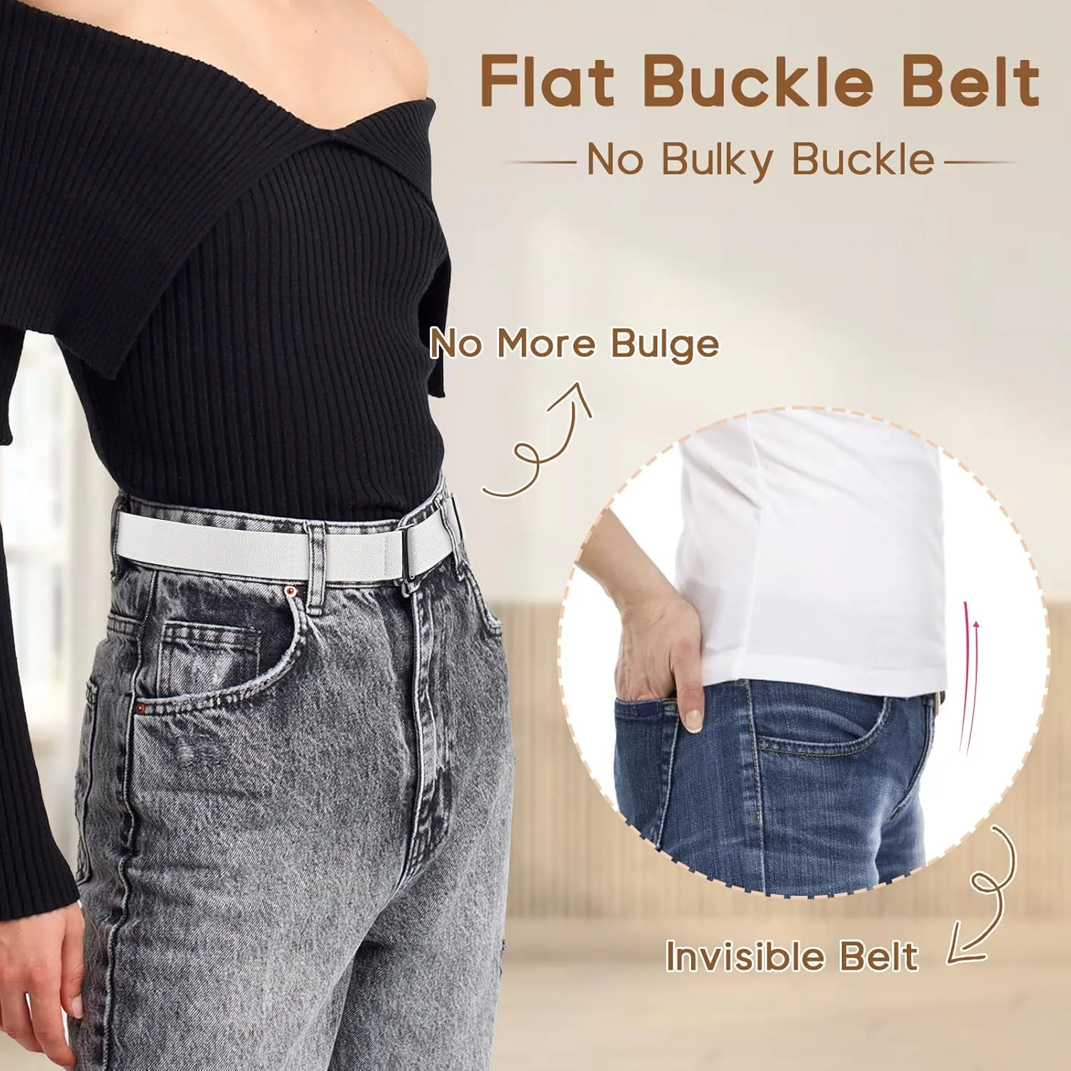 Sightor 2PCS Women No Show Stretch Belt, Adjustable Strap with Flat Buckle, Invisible Elastic Belt for Jeans Pants Dresses