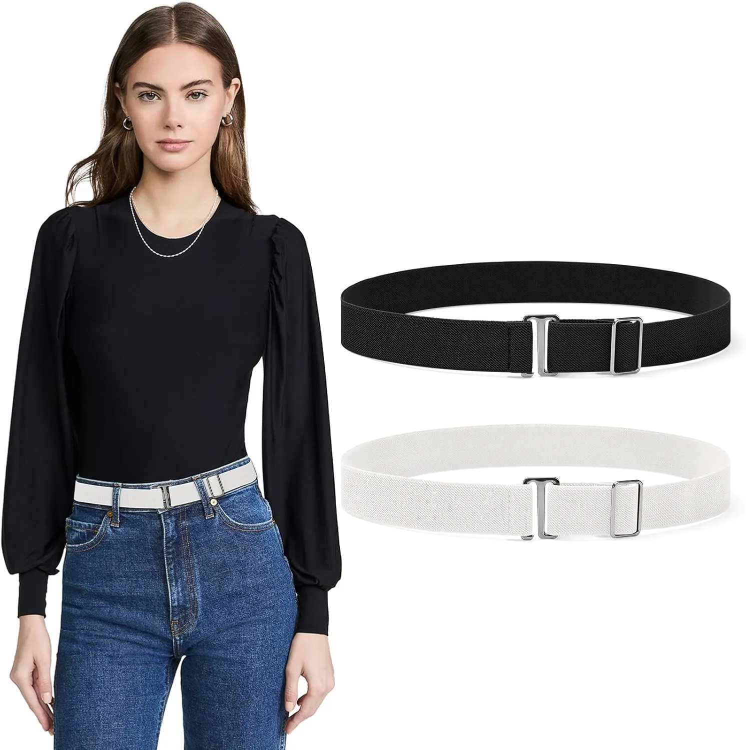 Sightor 2PCS Women No Show Stretch Belt, Adjustable Strap with Flat Buckle, Invisible Elastic Belt for Jeans Pants Dresses