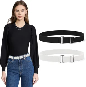 Sightor 2PCS Women No Show Stretch Belt, Adjustable Strap with Flat Buckle, Invisible Elastic Belt for Jeans Pants Dresses