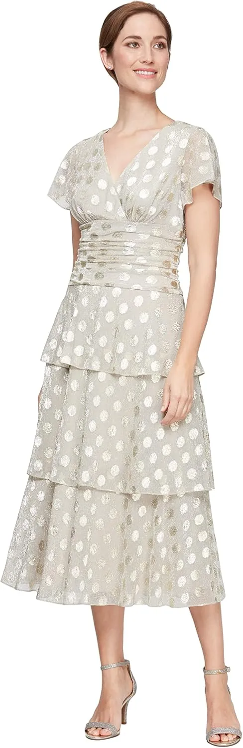 S.L. Fashions Women's Short Sleeve V-Neck Midi Cocktail Dress W/Ruched Waist, Wedding Guest Gown (Petite and Regular Sizes)