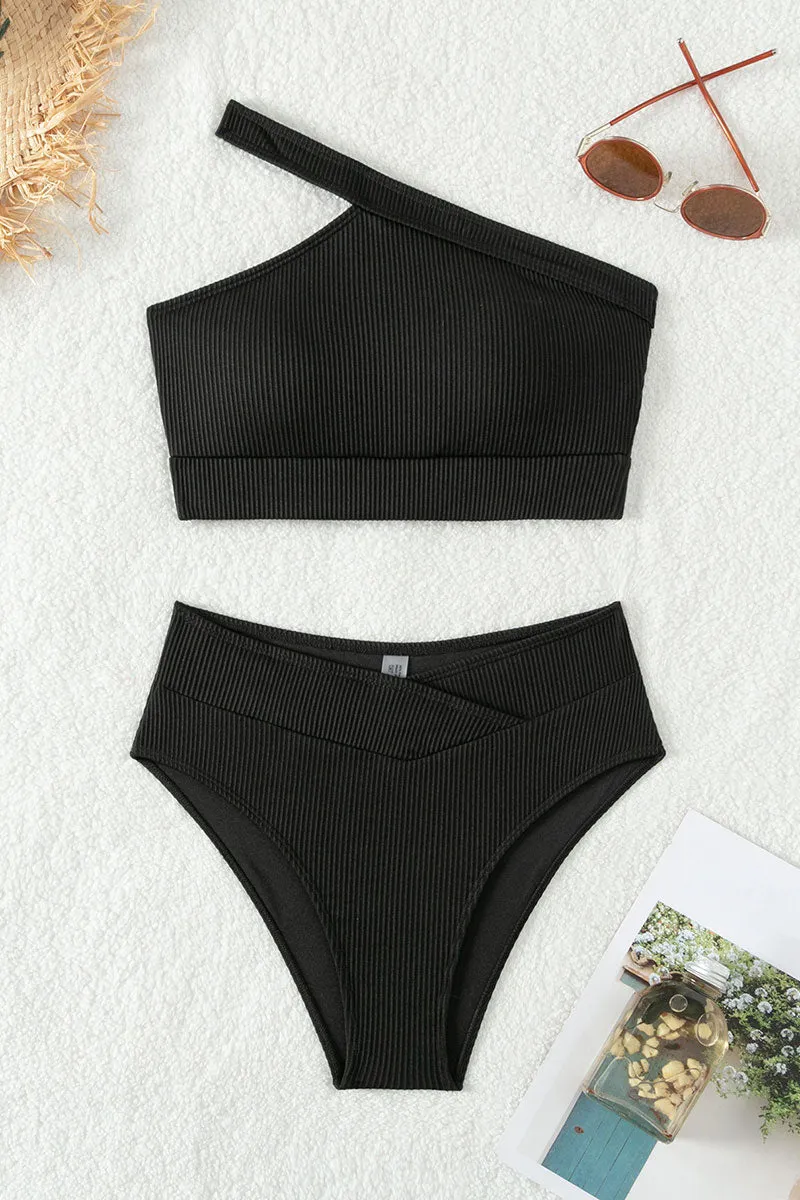 Solid Color Ribbed Chic One Shoulder Irregular Bikini