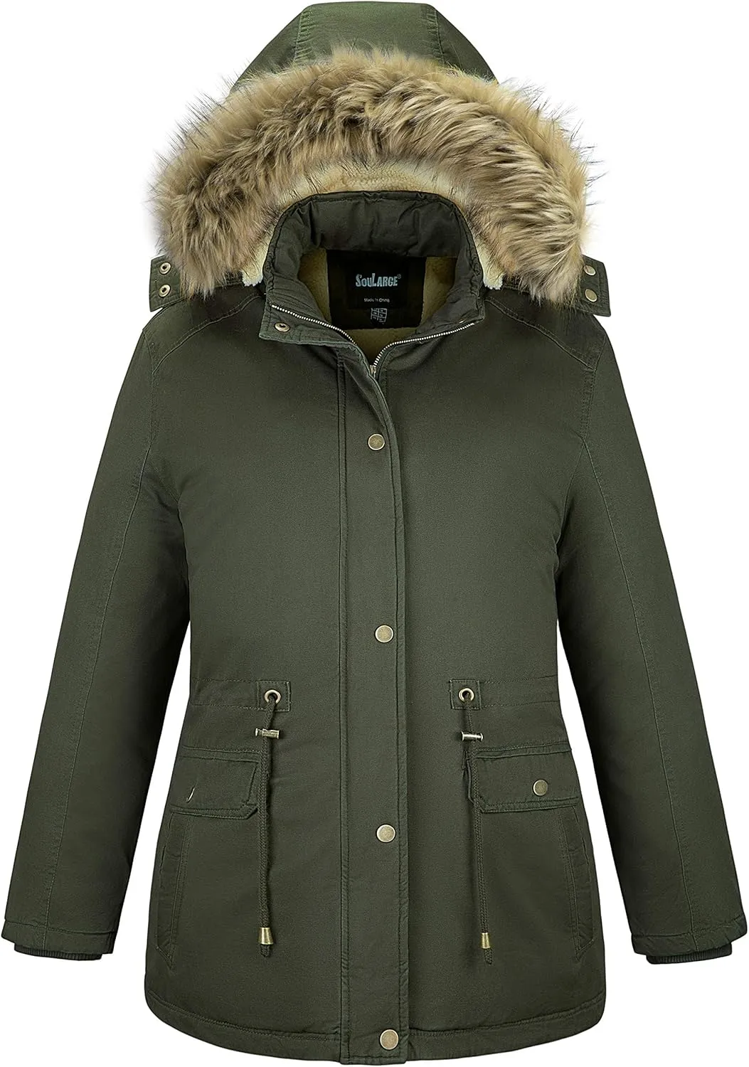 Soularge Women's Winter Plus Size Sherpa Lined Coats with Detachable Hood