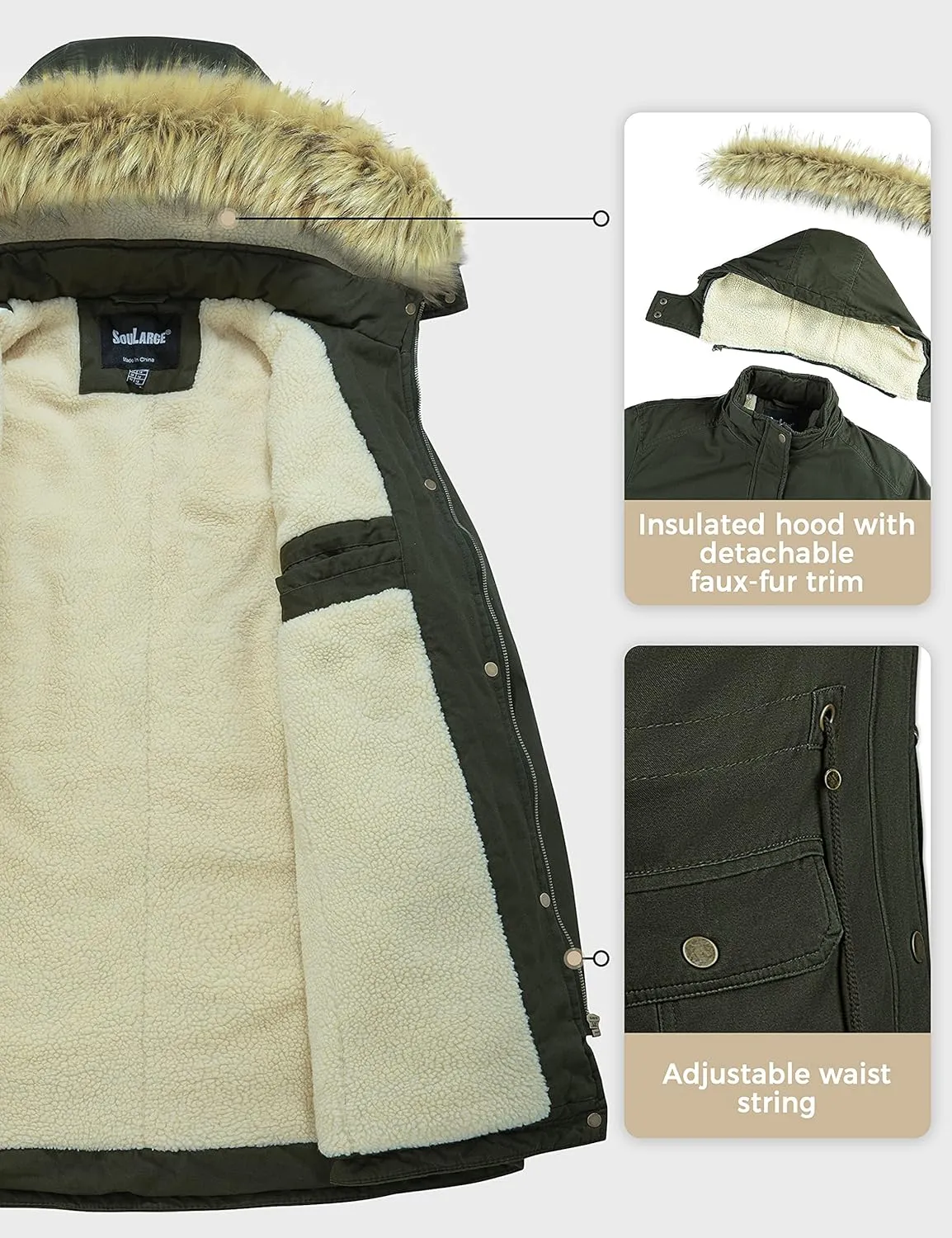 Soularge Women's Winter Plus Size Sherpa Lined Coats with Detachable Hood