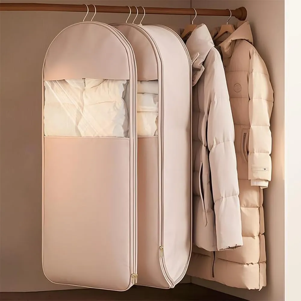 Space Saving Hanging Garment Bag with Self Compression Zipper, 2025 New Dust Cover, Space Saver Closet Organizers, Dust Cover Clothes Bags for Down Coat (Beige,Medium)