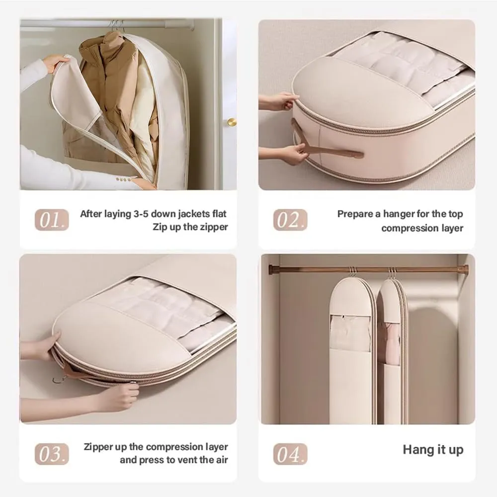 Space Saving Hanging Garment Bag with Self Compression Zipper, 2025 New Dust Cover, Space Saver Closet Organizers, Dust Cover Clothes Bags for Down Coat (Beige,Medium)