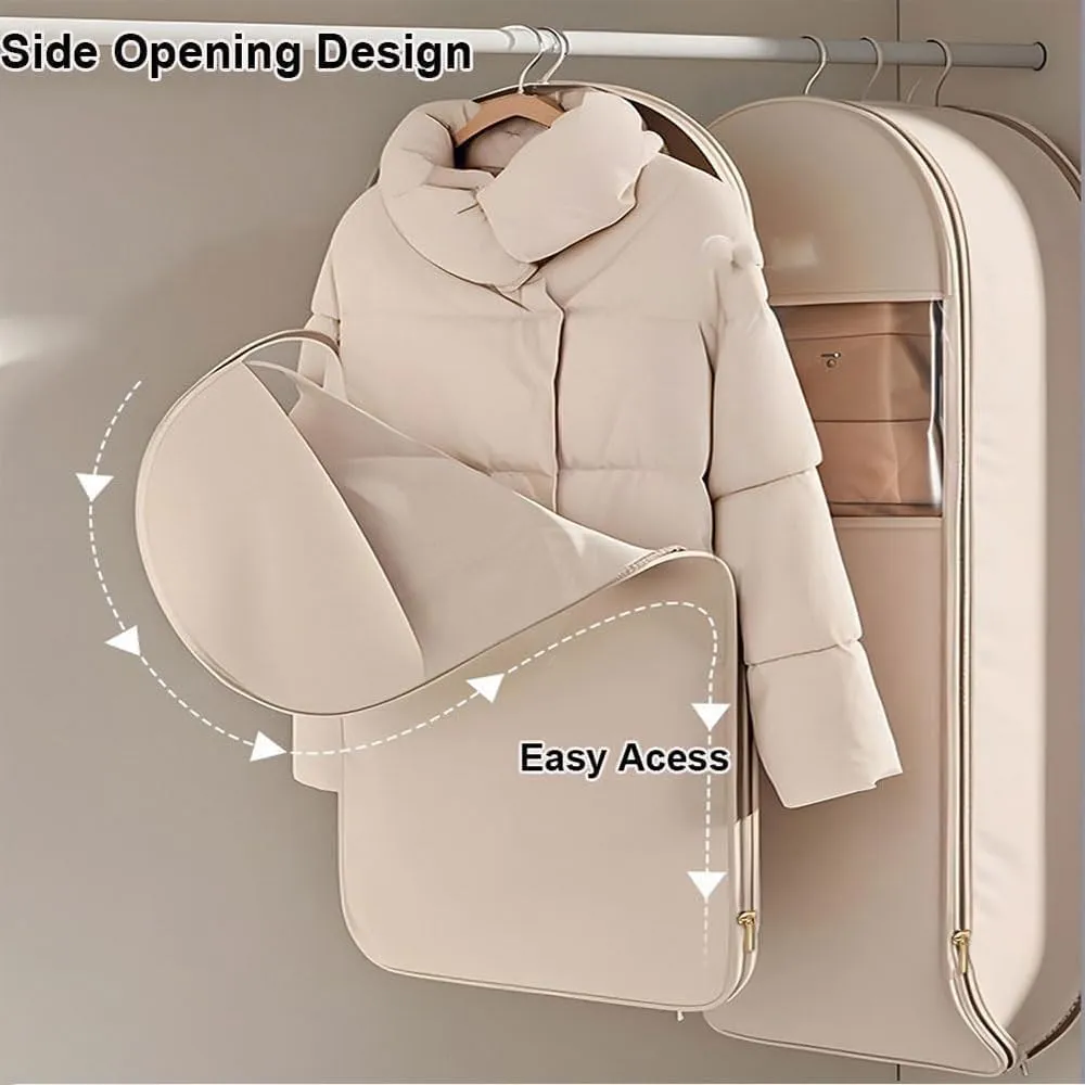 Space Saving Hanging Garment Bag with Self Compression Zipper, 2025 New Dust Cover, Space Saver Closet Organizers, Dust Cover Clothes Bags for Down Coat (Beige,Medium)