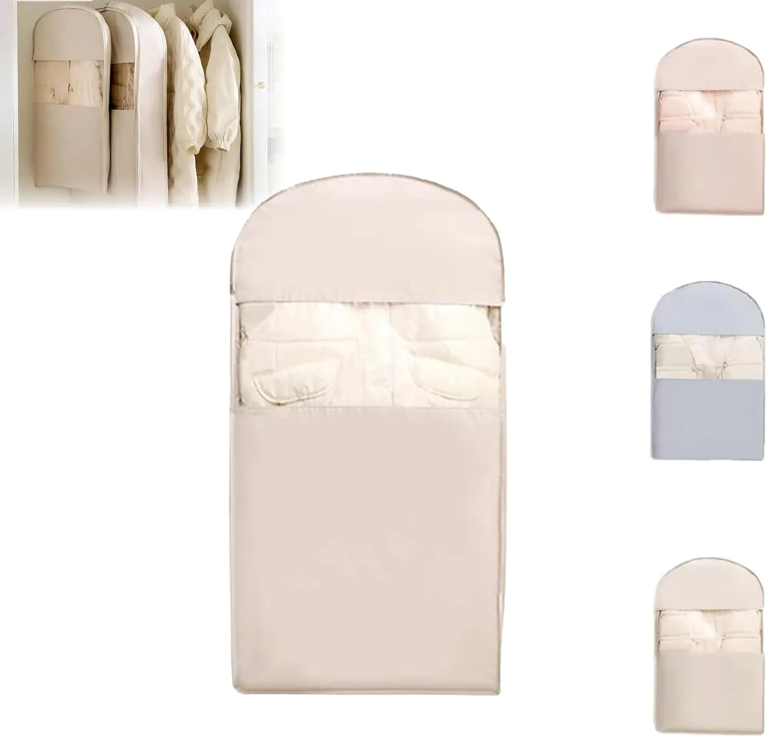 Space Saving Hanging Garment Bag with Self Compression Zipper, 2025 New Dust Cover, Space Saver Closet Organizers, Dust Cover Clothes Bags for Down Coat (Beige,Medium)