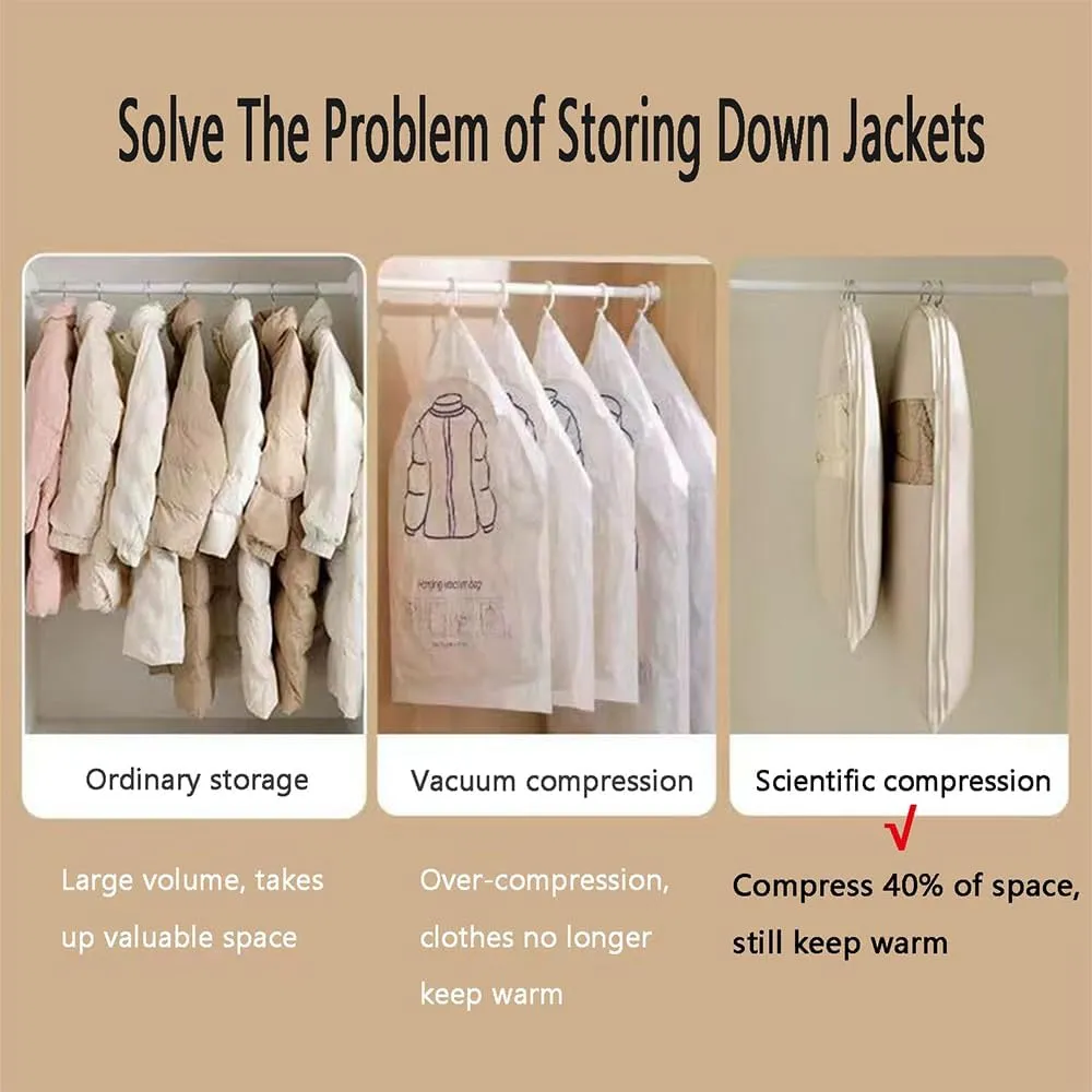 Space Saving Hanging Garment Bag with Self Compression Zipper, 2025 New Dust Cover, Space Saver Closet Organizers, Dust Cover Clothes Bags for Down Coat (Beige,Medium)