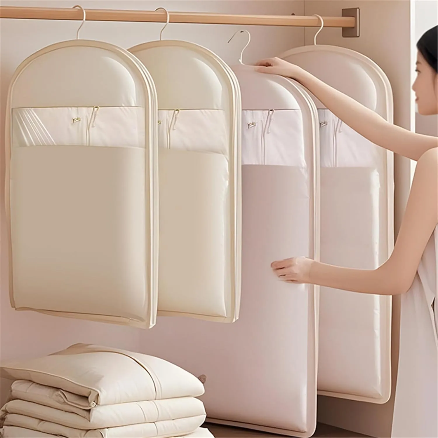 Space Saving Hanging Garment Bag with Self Compression Zipper, Taprinferior Hanging Garment Bag, Large Garment Bags (Pink,S)