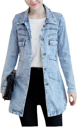 Spring Autumn Denim Jacket Women Slim Long Coat Casual Frayed Jean Jackets Coats