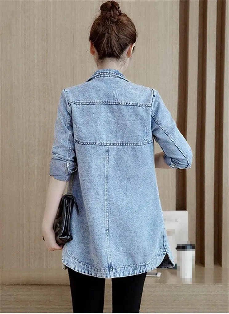 Spring Autumn Denim Jacket Women Slim Long Coat Casual Frayed Jean Jackets Coats