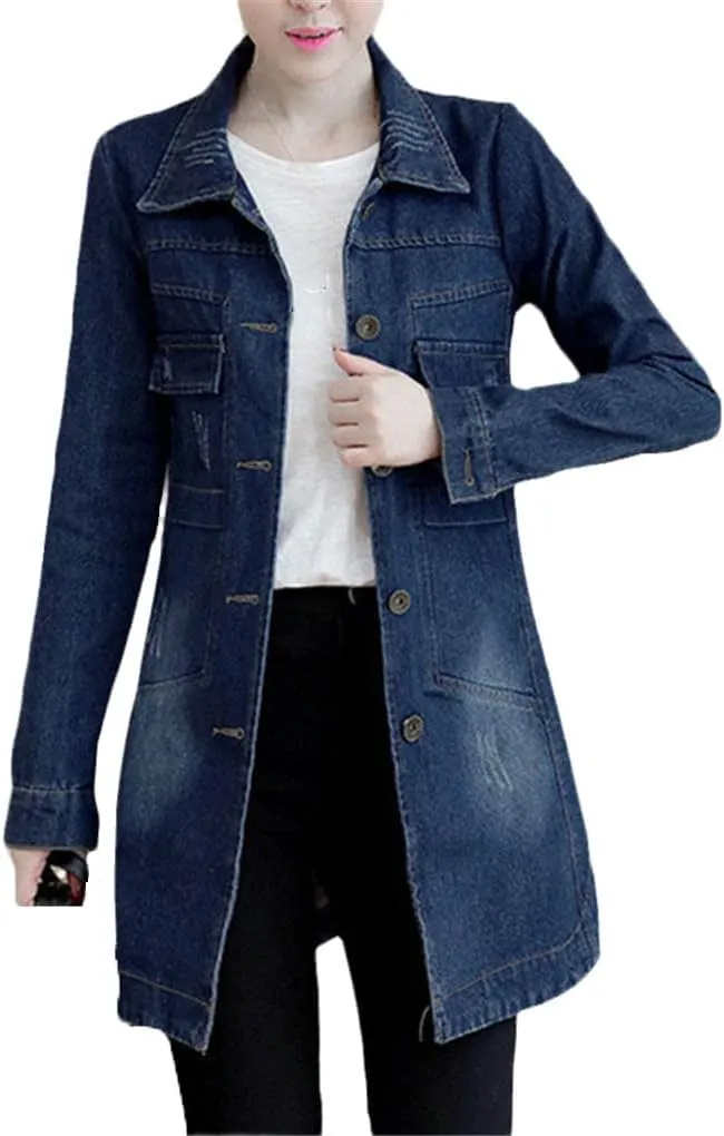 Spring Autumn Denim Jacket Women Slim Long Coat Casual Frayed Jean Jackets Coats