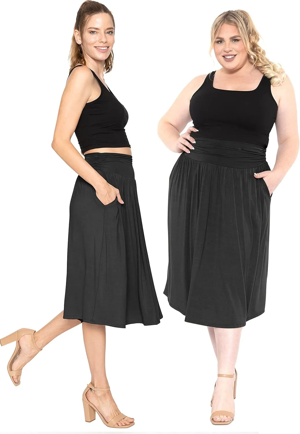 STRETCH IS COMFORT Womens and Plus Size Casual Ruched Below Knee Length Midi Skirt with Pockets