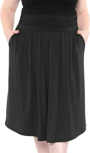STRETCH IS COMFORT Womens and Plus Size Casual Ruched Below Knee Length Midi Skirt with Pockets