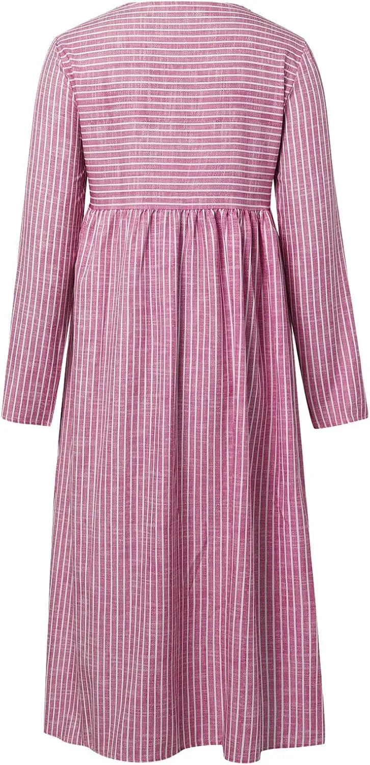 Stripe Long Dresses for Women 2025 Trendy Button Crop Neck Short Sleeve Dress Casual Summer Beach Vacation Sundress