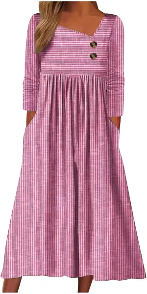 Stripe Long Dresses for Women 2025 Trendy Button Crop Neck Short Sleeve Dress Casual Summer Beach Vacation Sundress