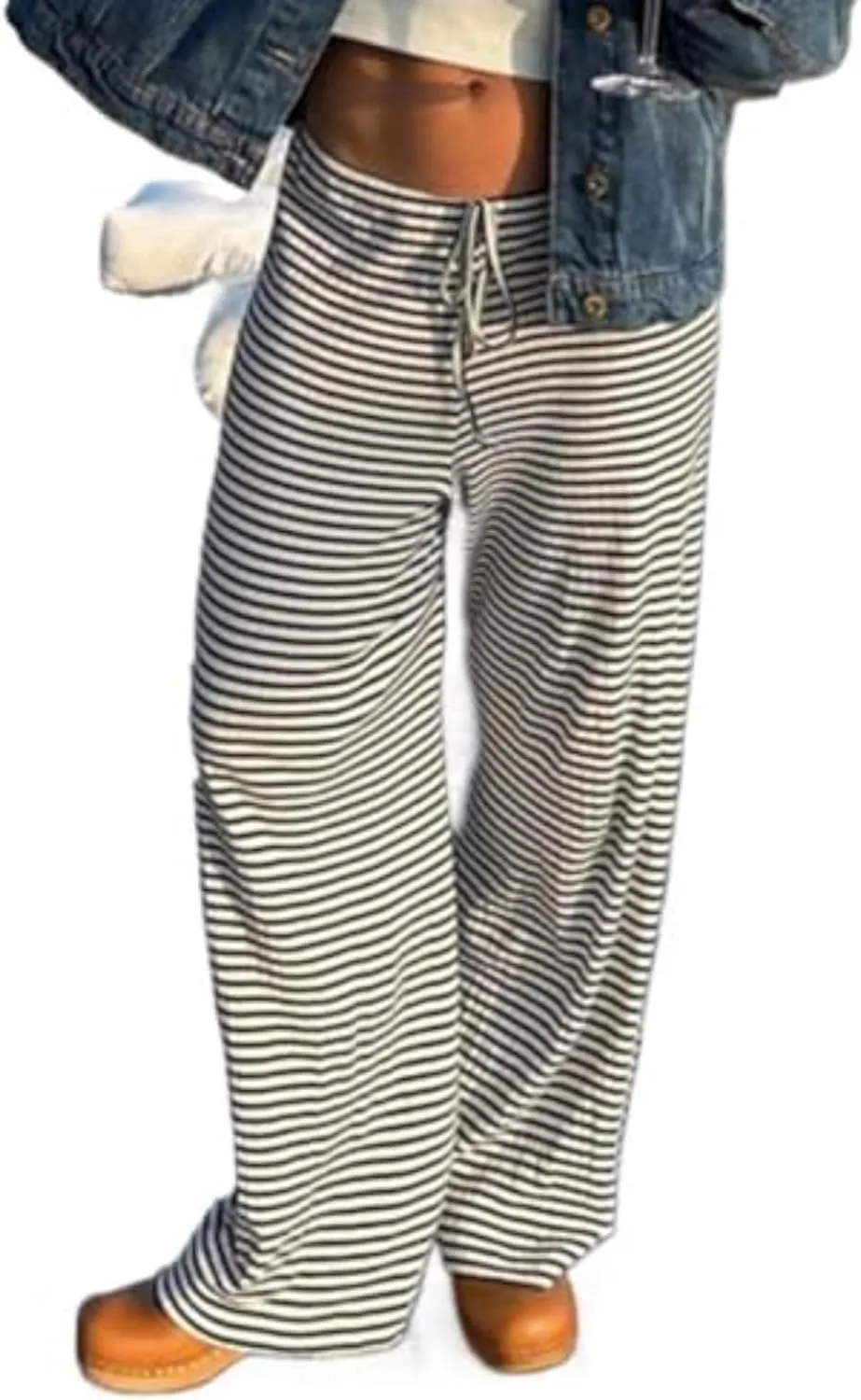 Striped Wide Leg Pants for Women - Casual Loose Fit High-Waisted Drawstring Pajama Pants - Straight Trousers