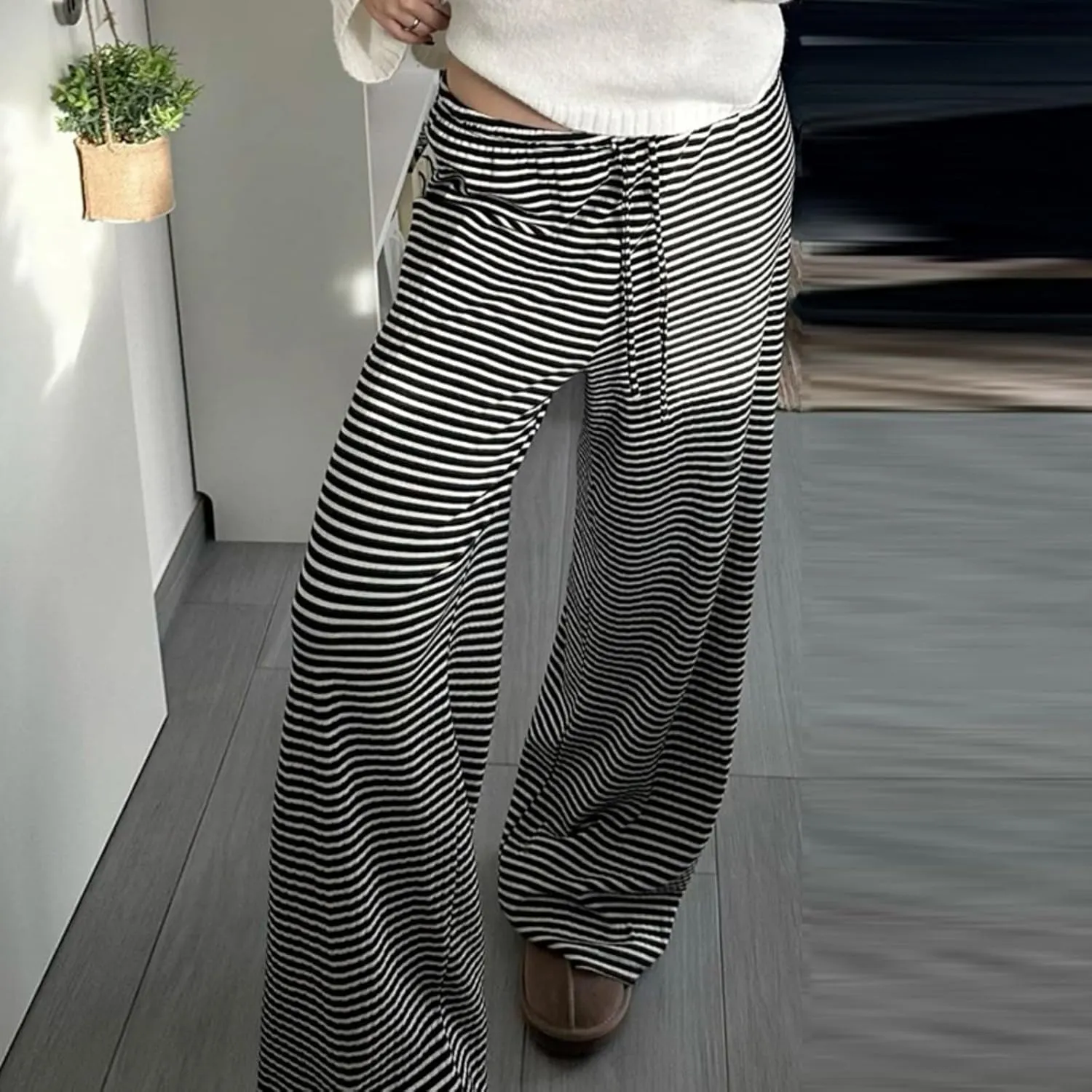 Striped Wide Leg Pants for Women - Casual Loose Fit High-Waisted Drawstring Pajama Pants - Straight Trousers