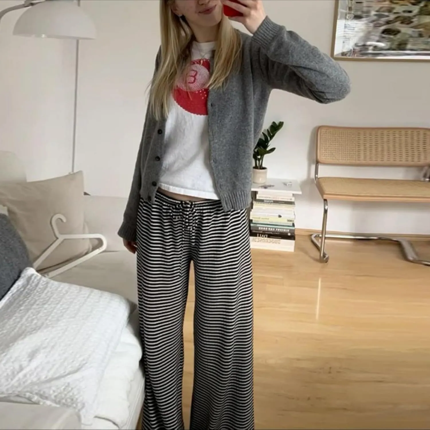 Striped Wide Leg Pants for Women - Casual Loose Fit High-Waisted Drawstring Pajama Pants - Straight Trousers