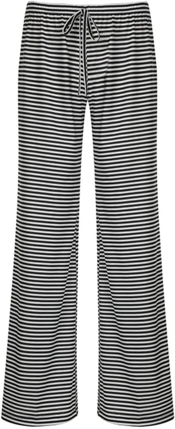 Striped Wide Leg Pants for Women - Casual Loose Fit High-Waisted Drawstring Pajama Pants - Straight Trousers