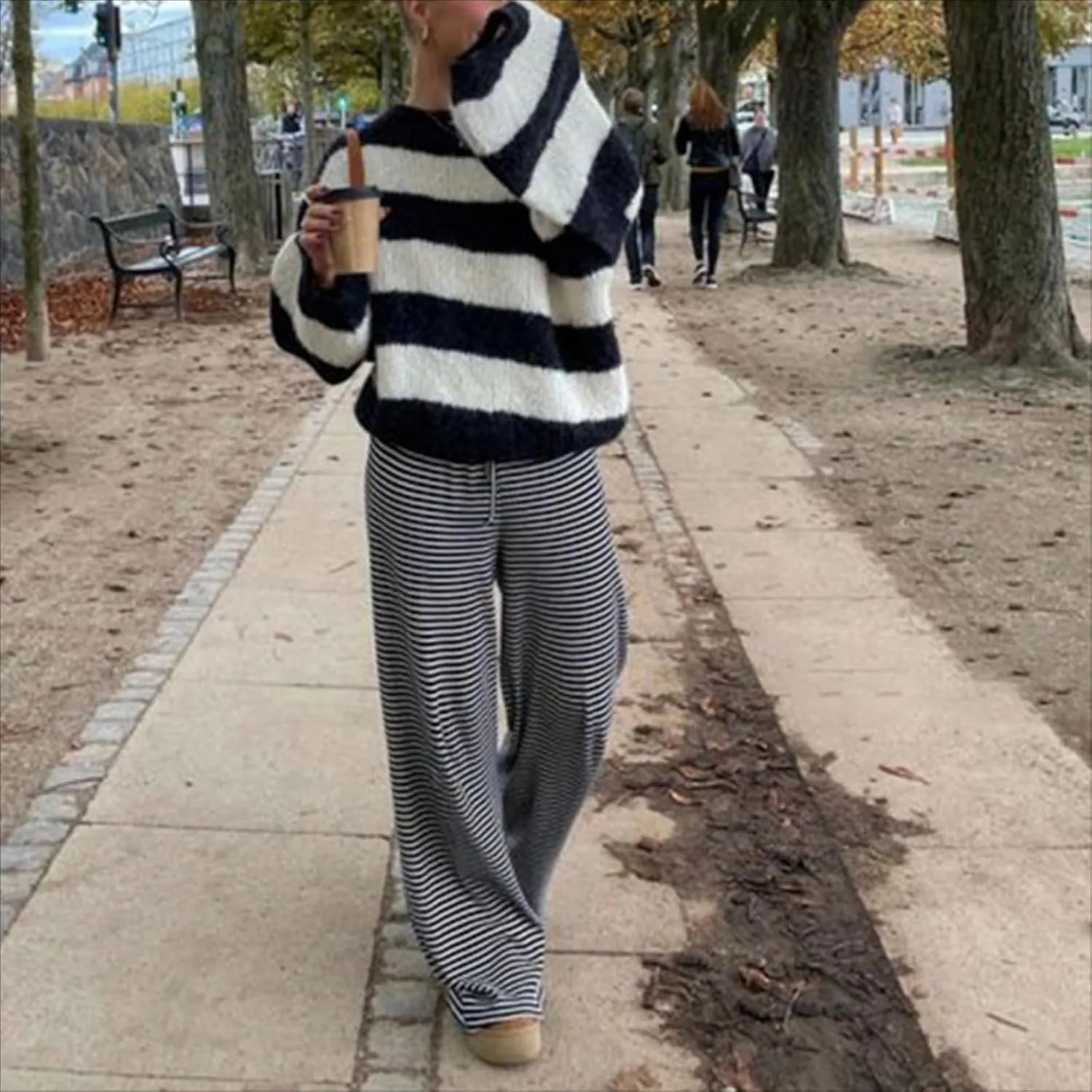 Striped Wide Leg Pants for Women - Casual Loose Fit High-Waisted Drawstring Pajama Pants - Straight Trousers