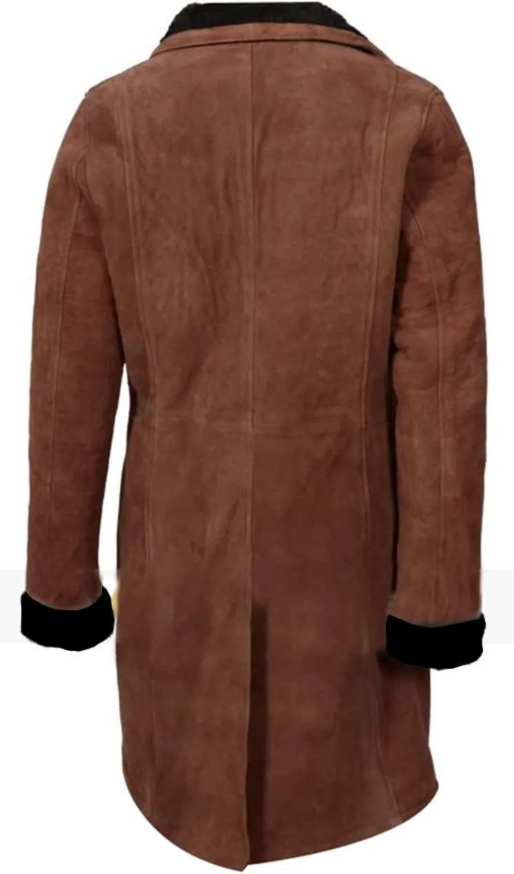 Suede Faux Shearling Knee Lenght Jacket Fur Collar Brown Trench Coats for Women