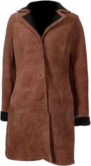 Suede Faux Shearling Knee Lenght Jacket Fur Collar Brown Trench Coats for Women