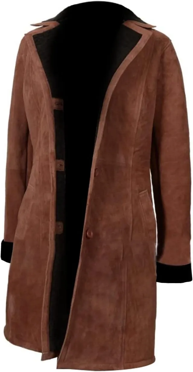 Suede Faux Shearling Knee Lenght Jacket Fur Collar Brown Trench Coats for Women