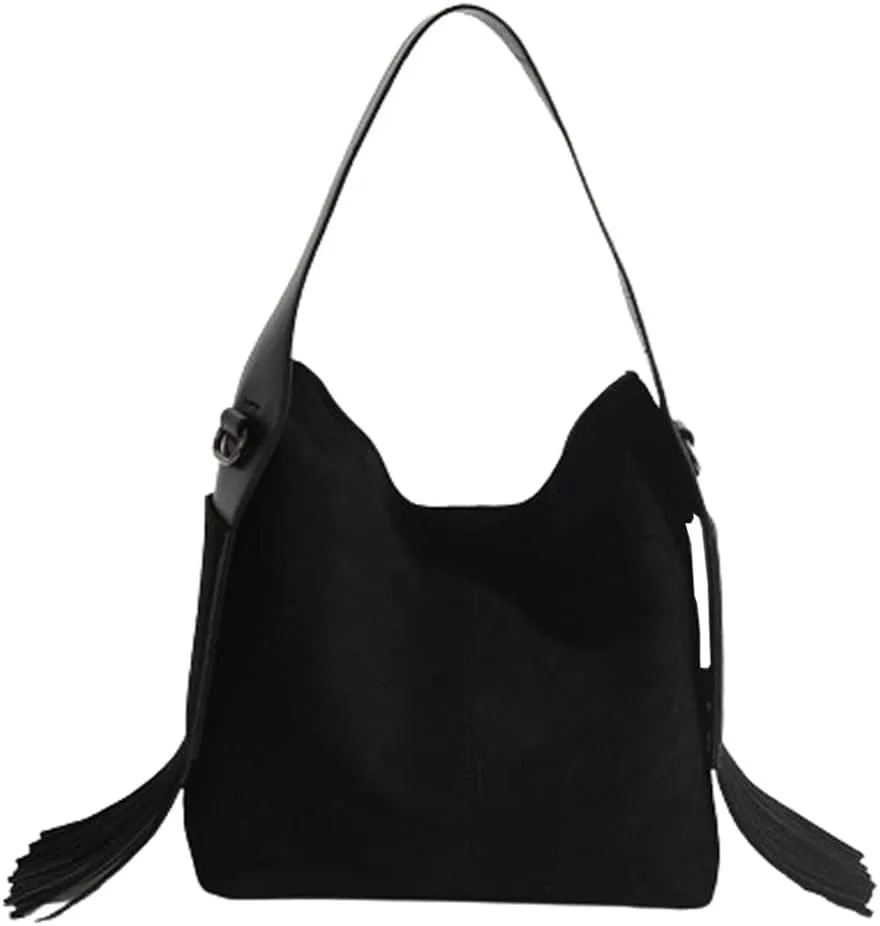 Suede Tote Bag for Women Slouchy Fringe Purse Leather Belt Shoulder Bag Top Handle Tassel Crossbody Purse Bucket Bag