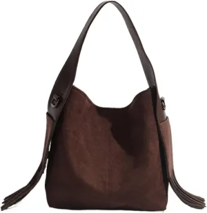 Suede Tote Bag for Women Slouchy Fringe Purse Leather Belt Shoulder Bag Top Handle Tassel Crossbody Purse Bucket Bag