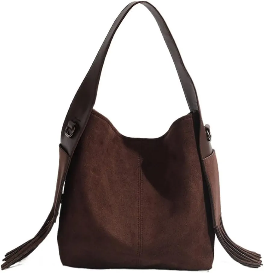 Suede Tote Bag for Women Slouchy Fringe Purse Leather Belt Shoulder Bag Top Handle Tassel Crossbody Purse Bucket Bag