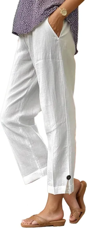 Summer Linen Pant Women Loose High Waist Wide Leg Capri Pant Casual Flowy Vacation Beach Straight Trouser with Pocket
