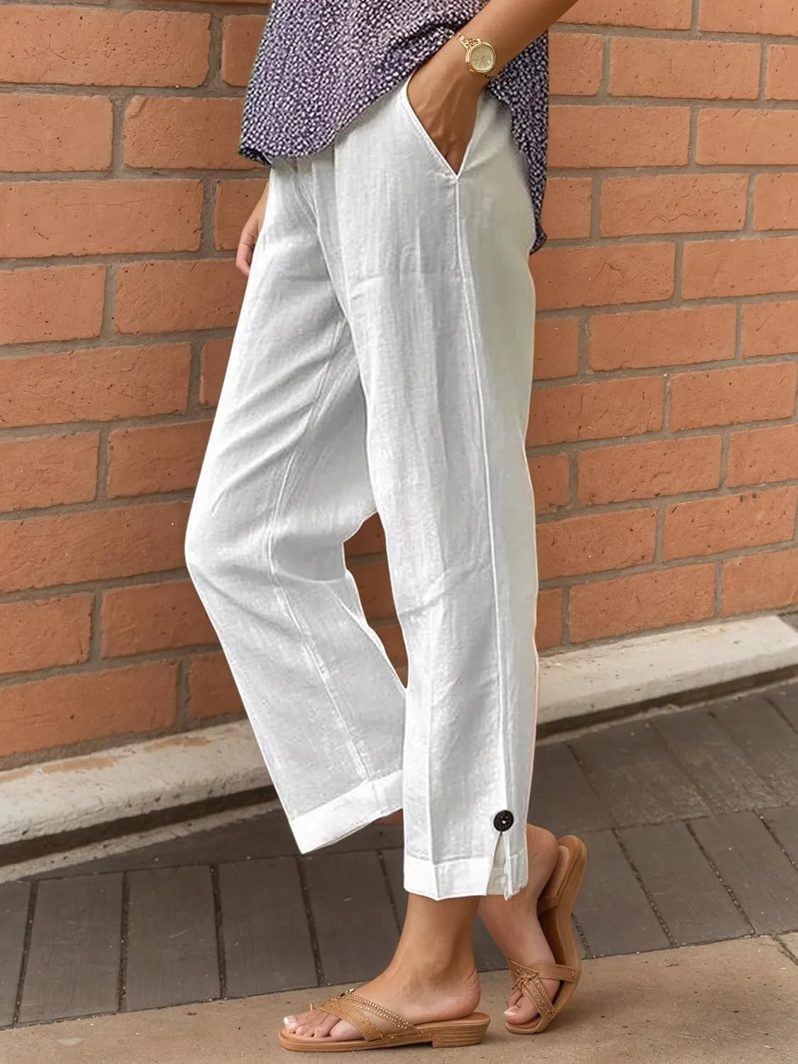 Summer Linen Pant Women Loose High Waist Wide Leg Capri Pant Casual Flowy Vacation Beach Straight Trouser with Pocket