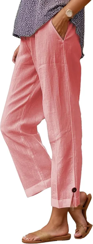 Summer Linen Pant Women Loose High Waist Wide Leg Capri Pant Casual Flowy Vacation Beach Straight Trouser with Pocket