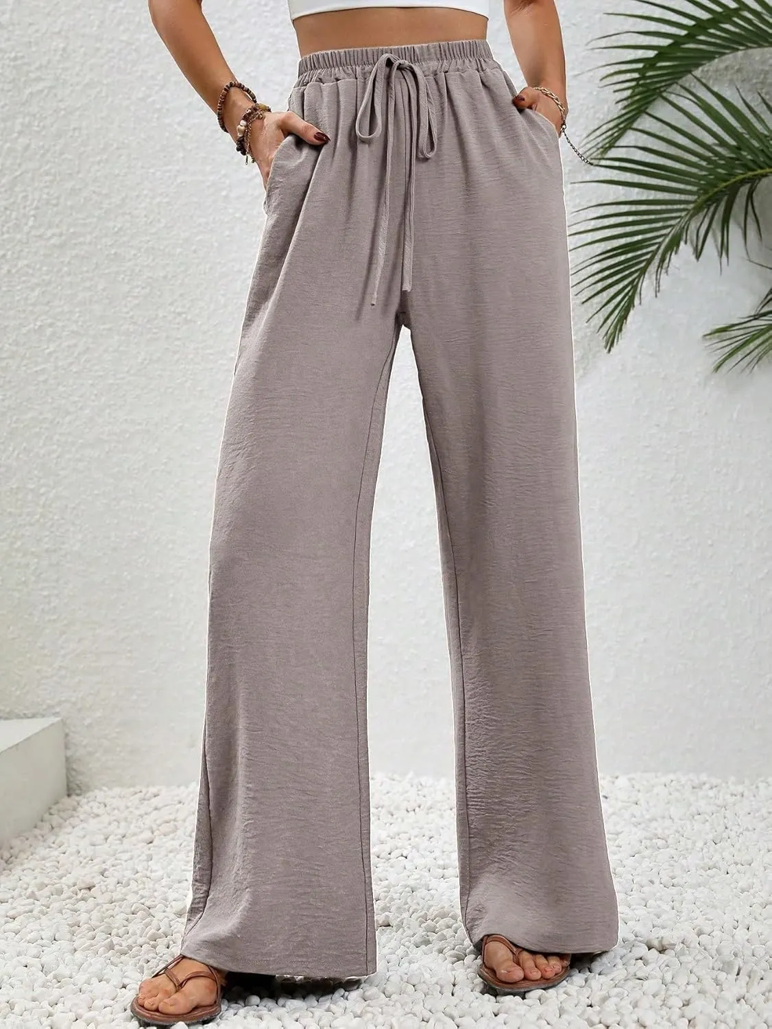 SweatyRocks Women's Wide Leg Palazzo Pants High Elastic Waist Ruched Flowy Trousers with Pockets