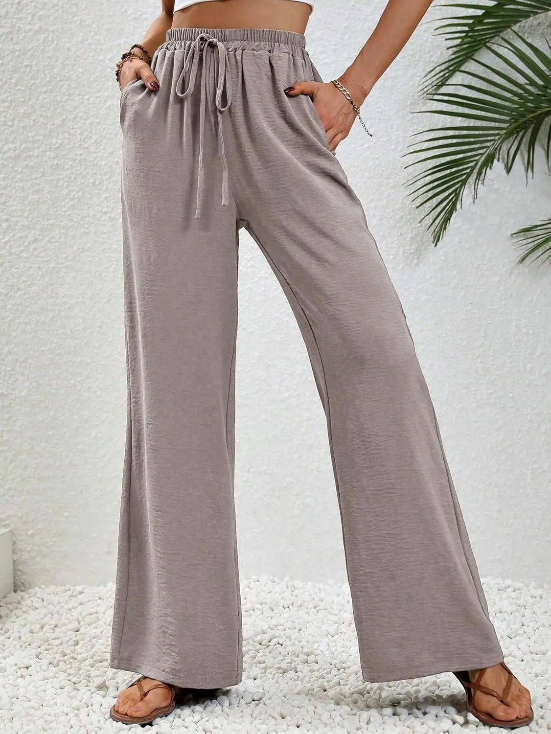 SweatyRocks Women's Wide Leg Palazzo Pants High Elastic Waist Ruched Flowy Trousers with Pockets