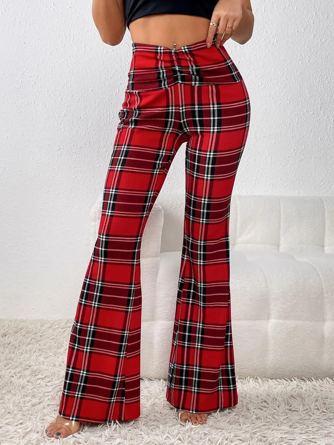 SweatyRocks WWomen's Plaid Ruched Elastic Waist Flare Wide Leg Pants Tartan Print Bell Bottom Long Trousers
