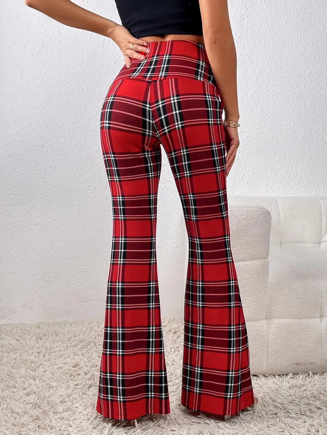 SweatyRocks WWomen's Plaid Ruched Elastic Waist Flare Wide Leg Pants Tartan Print Bell Bottom Long Trousers
