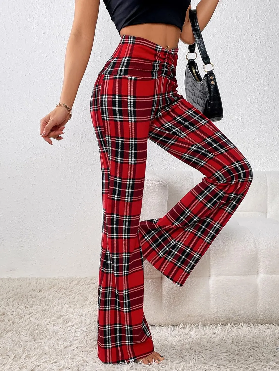SweatyRocks WWomen's Plaid Ruched Elastic Waist Flare Wide Leg Pants Tartan Print Bell Bottom Long Trousers