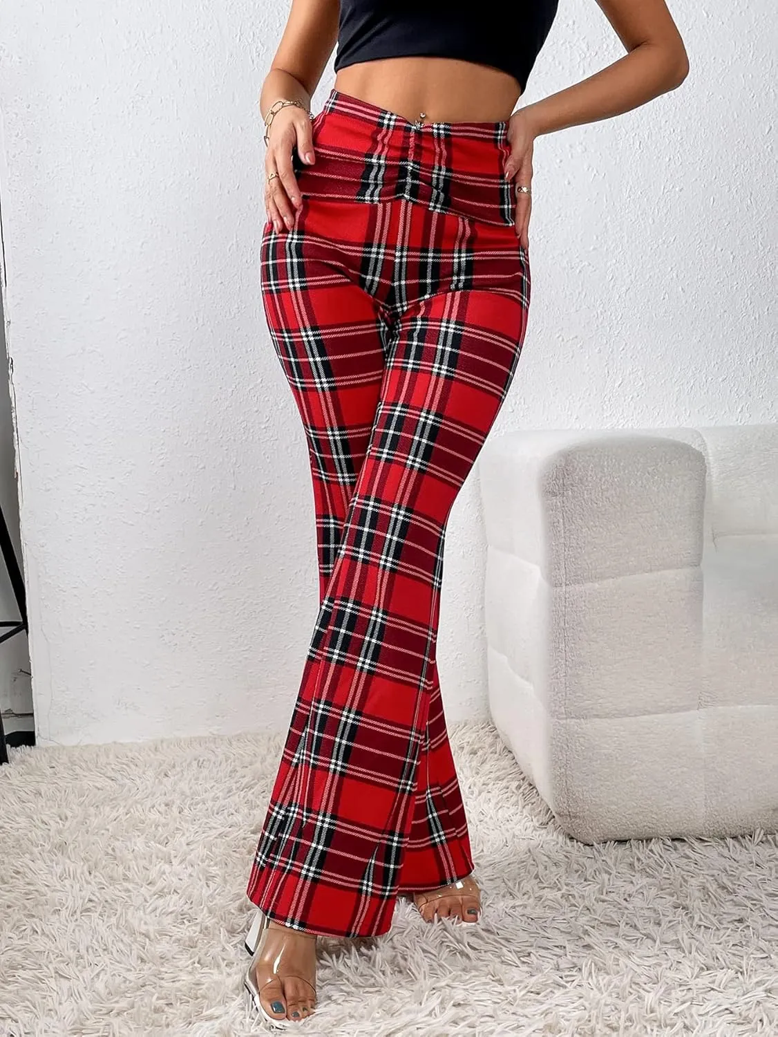 SweatyRocks WWomen's Plaid Ruched Elastic Waist Flare Wide Leg Pants Tartan Print Bell Bottom Long Trousers